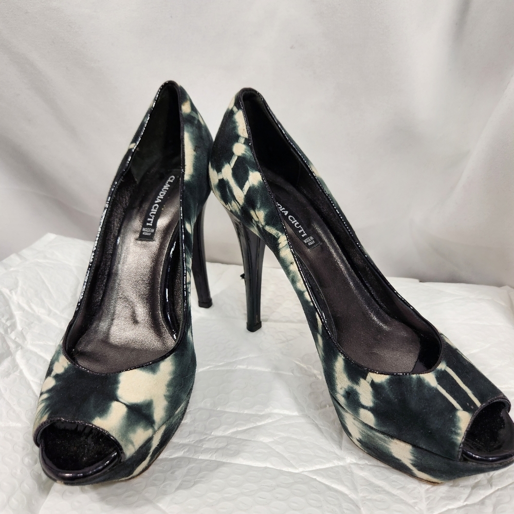 Claudia Ciuti Leather Blue & White Tie Dye Peep Toe Platform Heels Size 6M